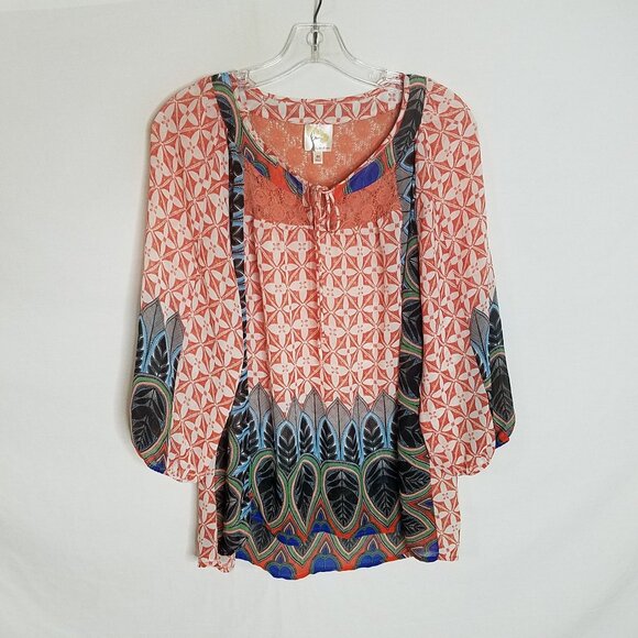 Fig and Flower Women's 3/4 Sleeve Chiffon Geometric Blouse Top Size Medium Boho - Picture 1 of 5